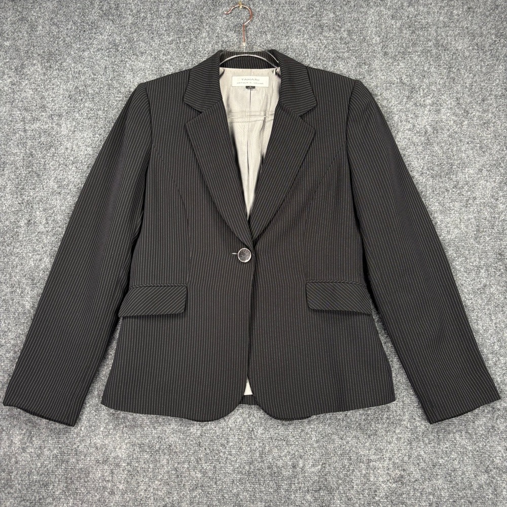Tahari Arthur S Levine Womens 8 Black Pinstripe Single Button Blazer Jacket
